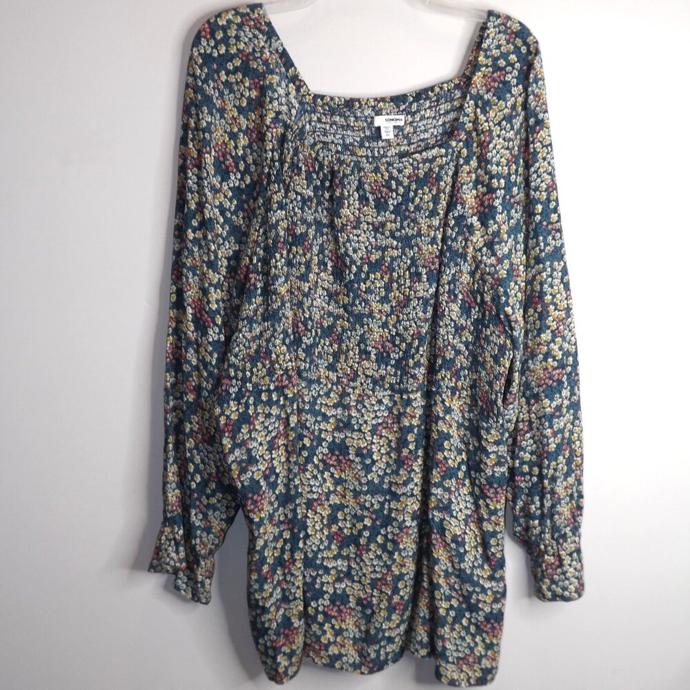Sonoma Blouse Plus Size 4X Green Floral Print Long Puff Sleeve